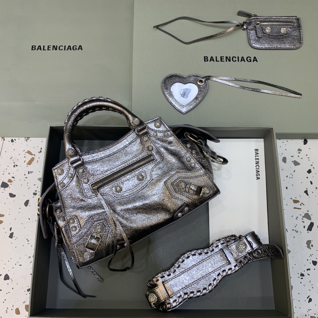 Balenciaga Neo Cagole XS Handbag With Rhinestones Shoulder Bag Silver Gray